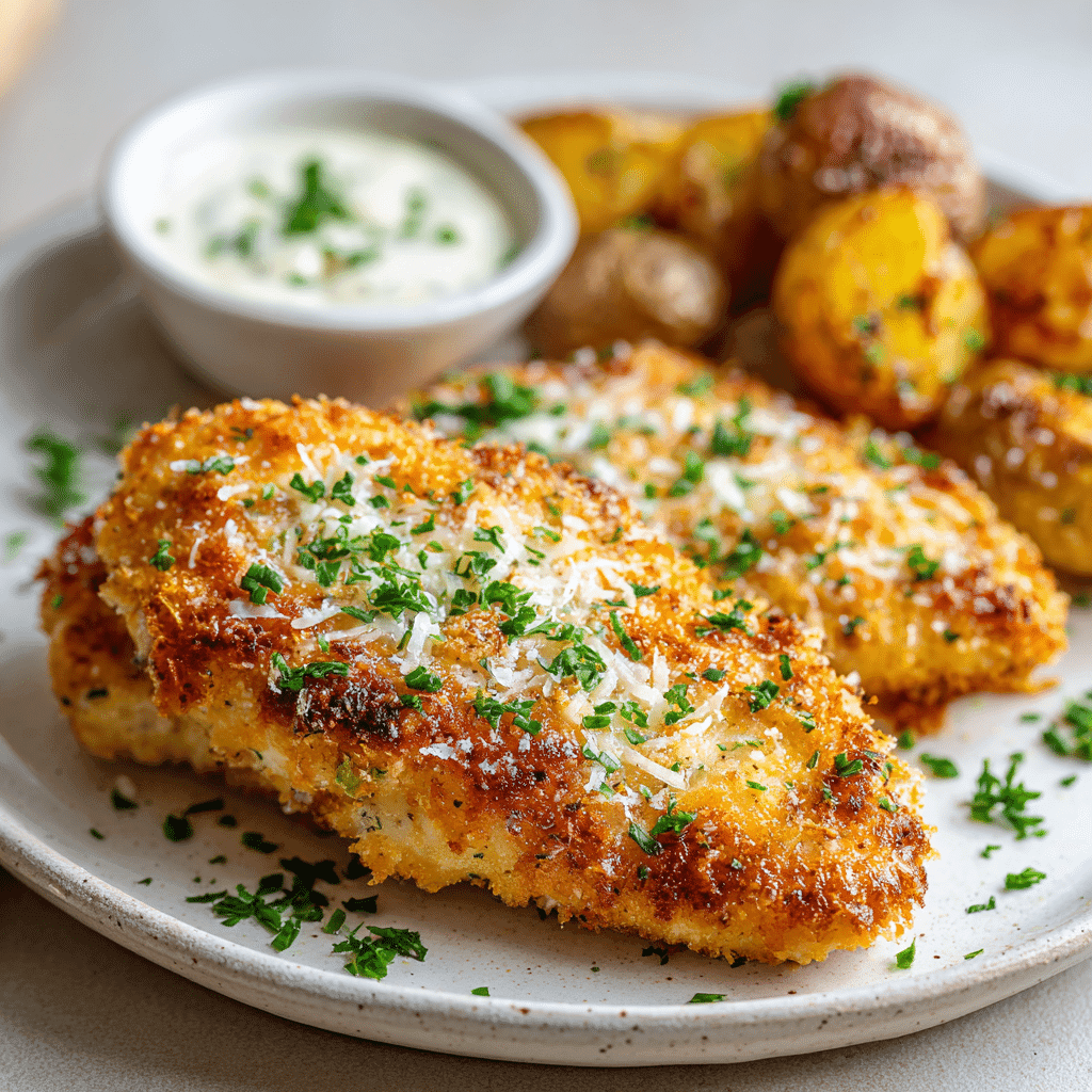 Air Fryer Parmesan Crusted Chicken - Crispy & so Delicious ! 2 Golden, crispy air fryer parmesan crusted chicken breast topped with freshly grated parmesan and chopped parsley
