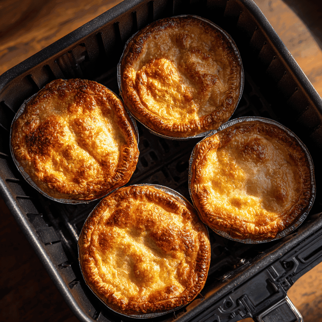 Golden flaky air fryer frozen pot pies baking inside a black air fryer basket
