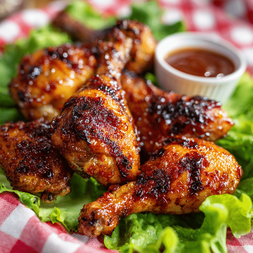Juicy, golden-brown air fryer chicken legs with a sticky, caramelized glaze and crispy skin, arranged on crisp green lettuce leaves over a red-and-white checkered cloth