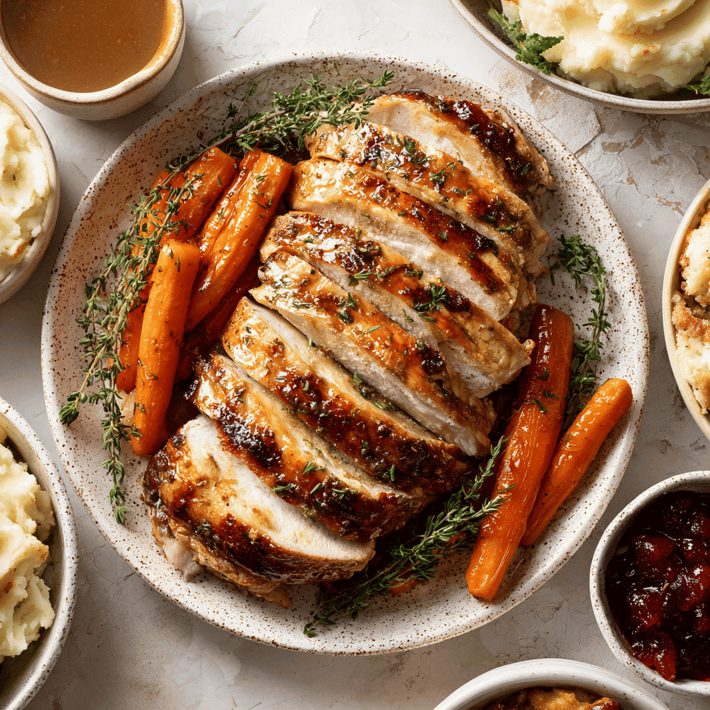 Juicy sliced air fryer turkey breast arranged on a speckled ceramic plate with roasted carrots and fresh thyme sprigs