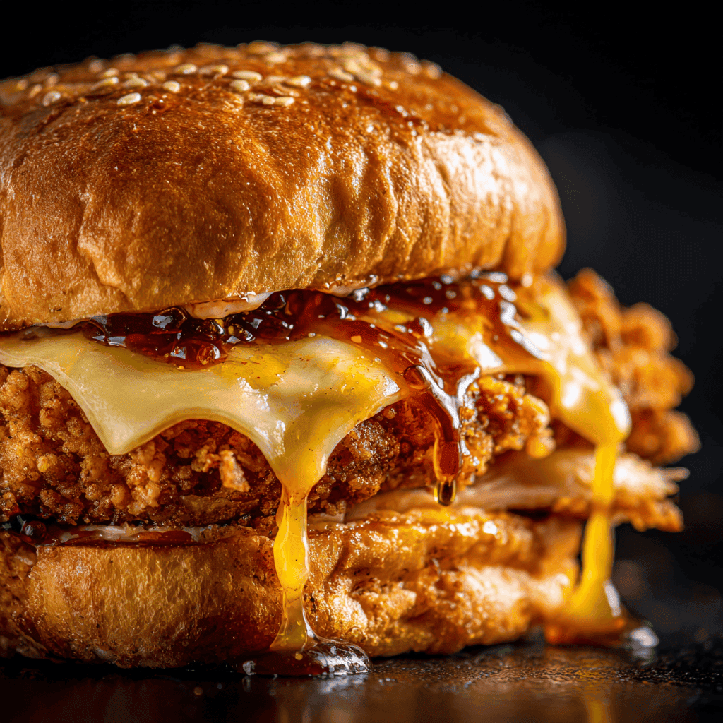 Close-up of a golden air fryer spicy chicken sandwich showing crispy crust and juicy texture.