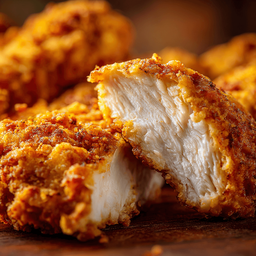 Close-up of air fryer chicken tender showing crispy crust and juicy white meat inside.