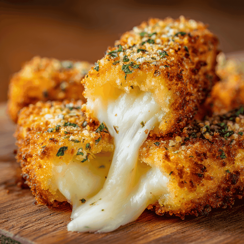 Air Fryer Mozzarella Sticks Recipe 2 Close-up of air fryer mozzarella stick showing crispy coating and melted cheese stretch.