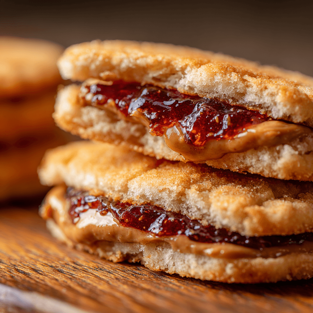 Close-up of air fryer uncrustable showing crispy crust and gooey peanut butter and jelly filling.