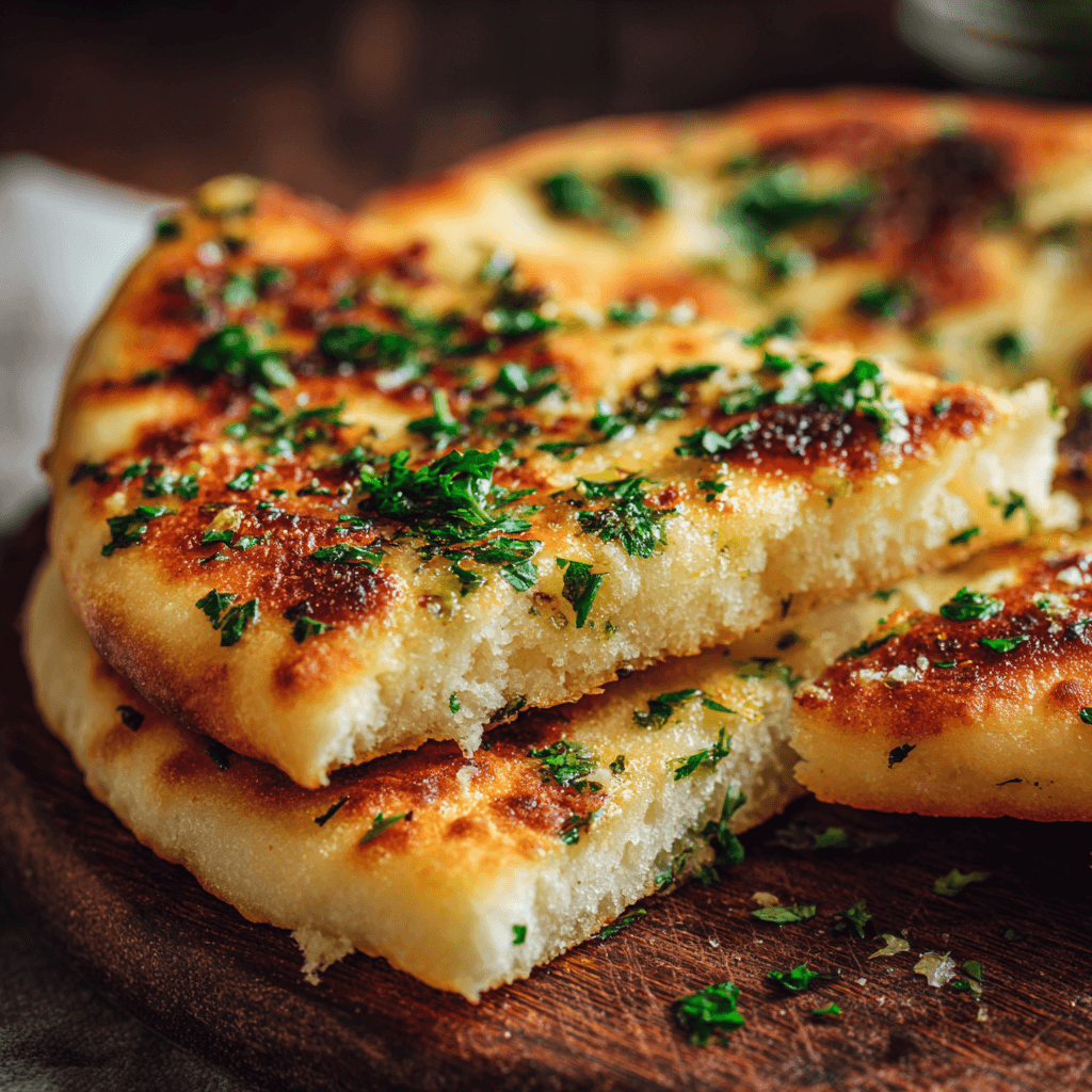Close-up of air fryer garlic flatbread showing crispy edges and soft, buttery texture.
