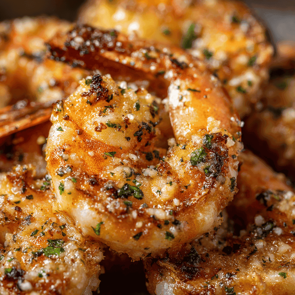 Close-up of air fryer shrimp with garlic butter glaze and parmesan seasoning.