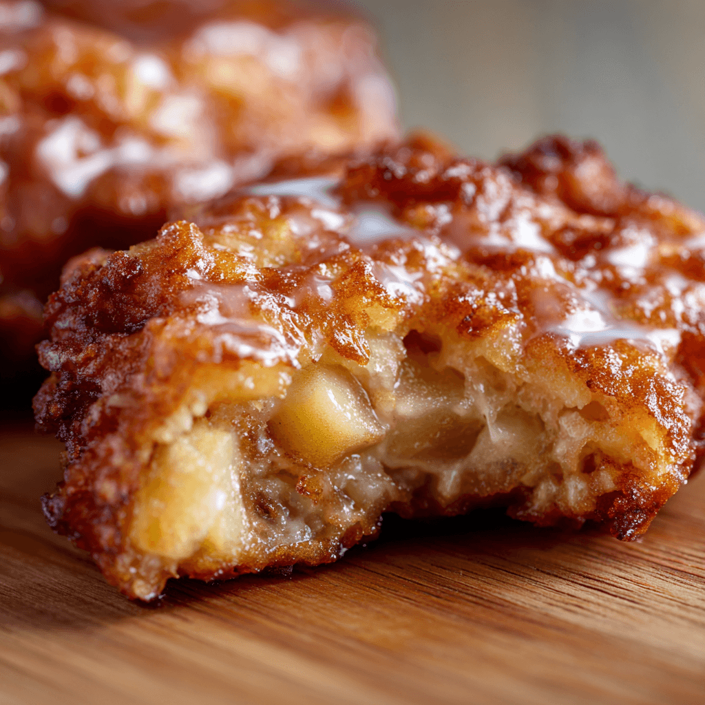 Close-up of a golden apple fritter showing crispy edges and tender apple-filled center.