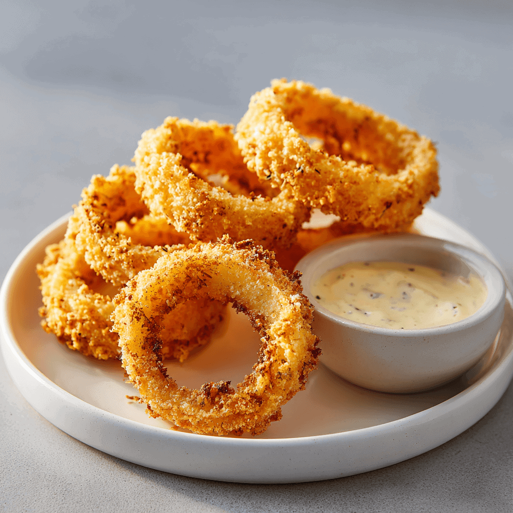 Crispy Air Fryer Onion Rings Recipe 2 Perfectly golden, crunchy air fryer onion rings arranged neatly on a clean white ceramic plate with a small bowl of creamy dipping sauce beside them