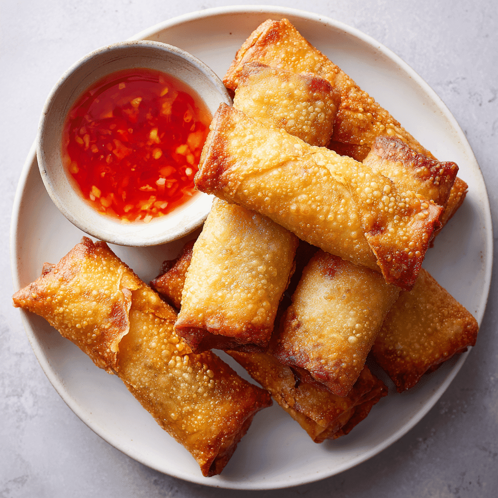 Perfectly golden, evenly crisp air fryer egg rolls plated on a pure white ceramic dish with a small dipping bowl of vibrant red sweet chili sauce