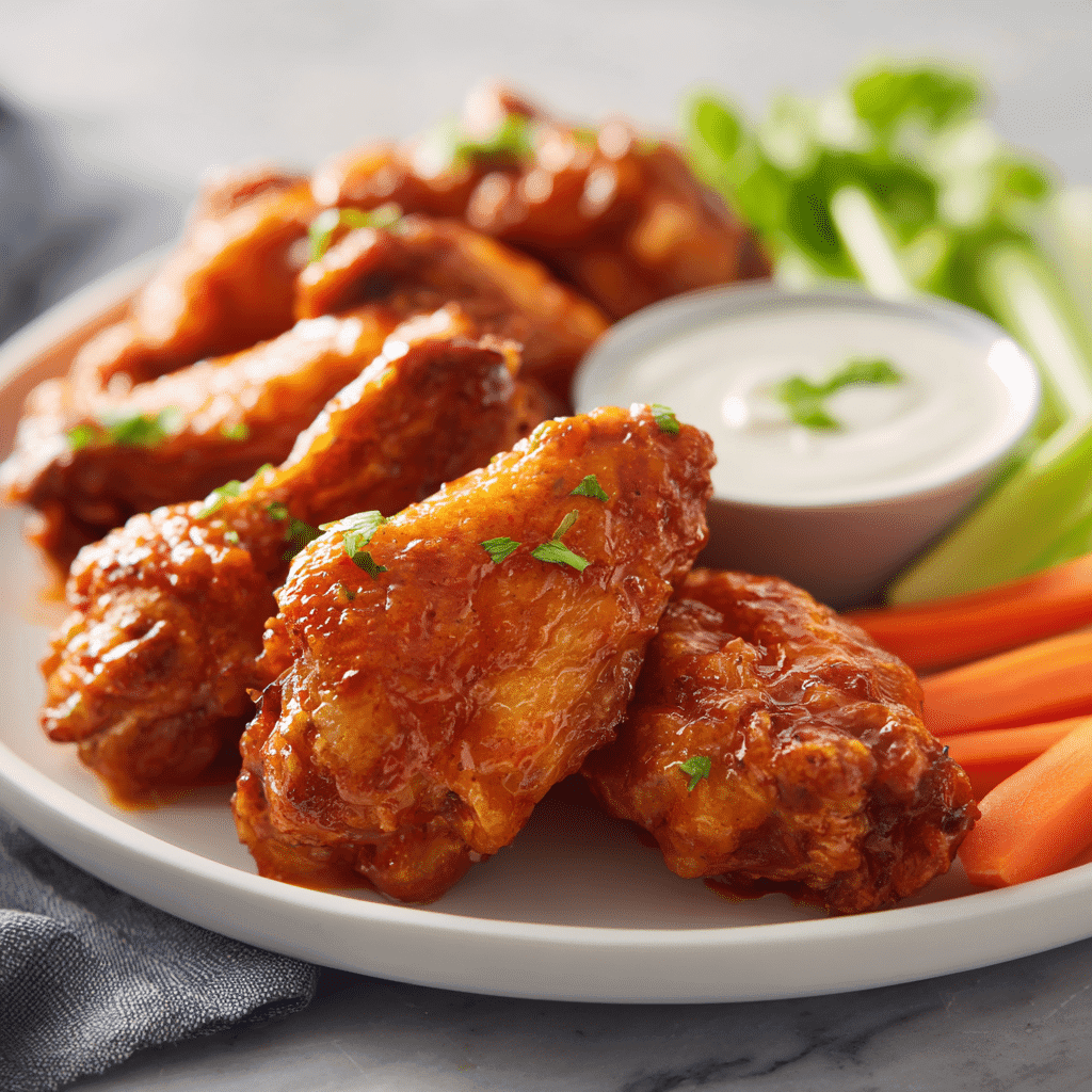 Perfectly plated air fryer buffalo wings served on a clean white porcelain plate