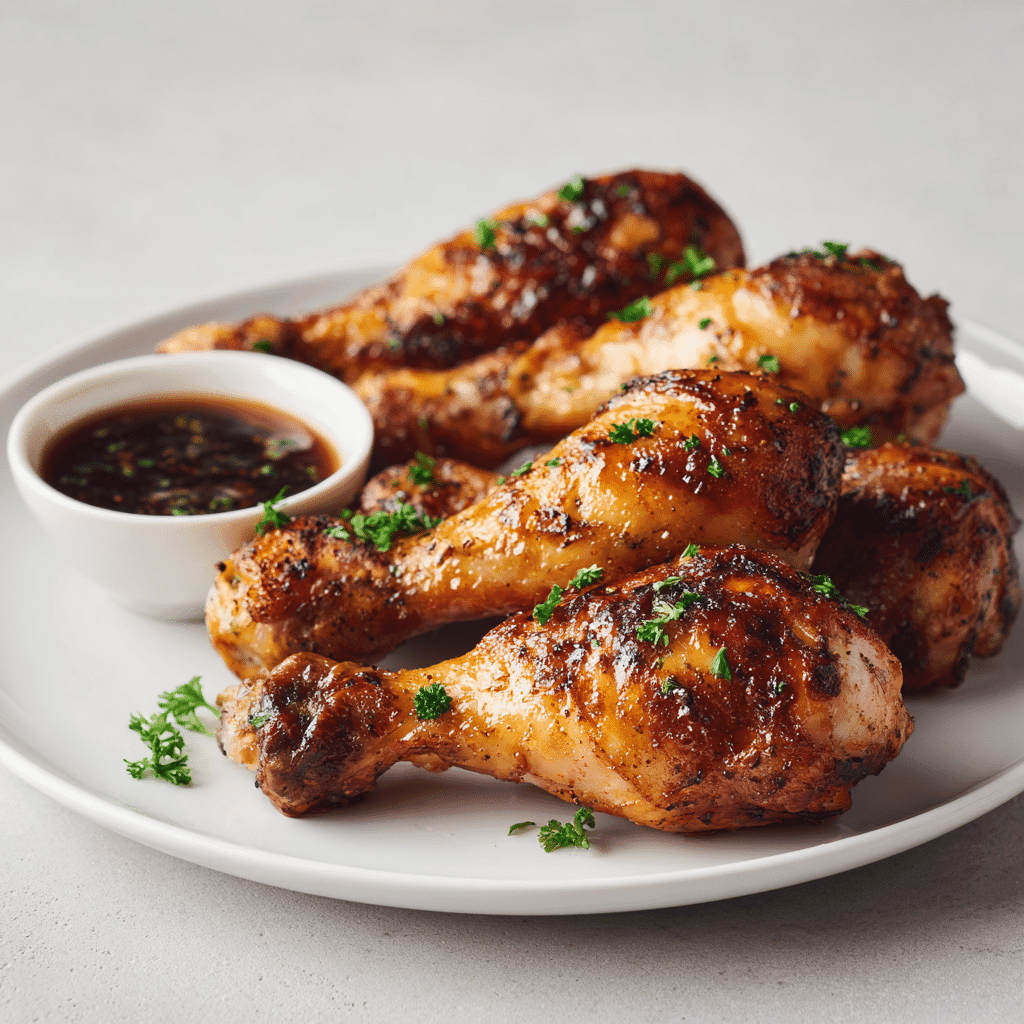 Perfectly roasted air fryer chicken legs presented on a simple white plate, garnished with a few fresh parsley sprigs and a small bowl of dipping sauce
