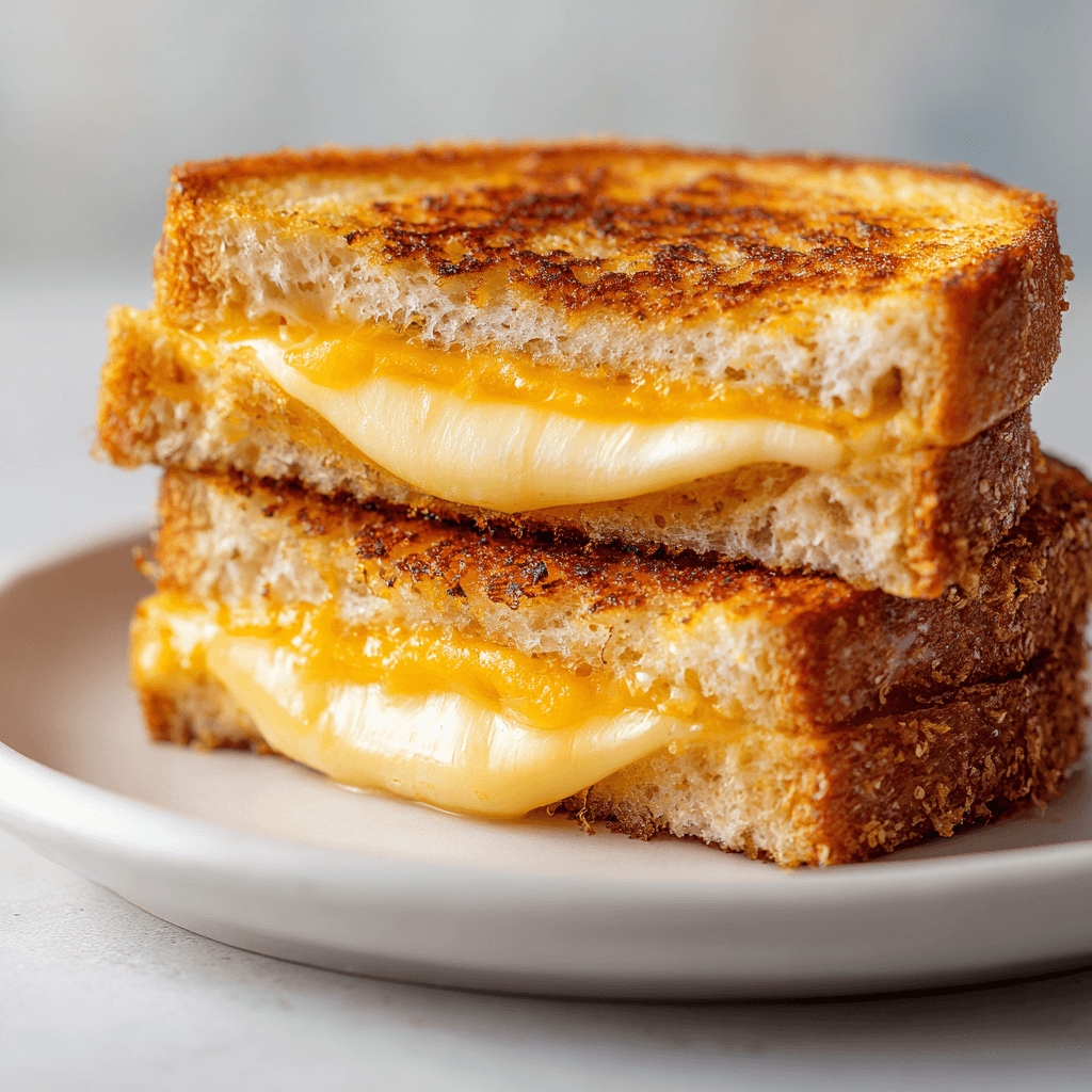 Perfectly toasted air fryer grilled cheese served on a pristine white plate, cheese melting slightly