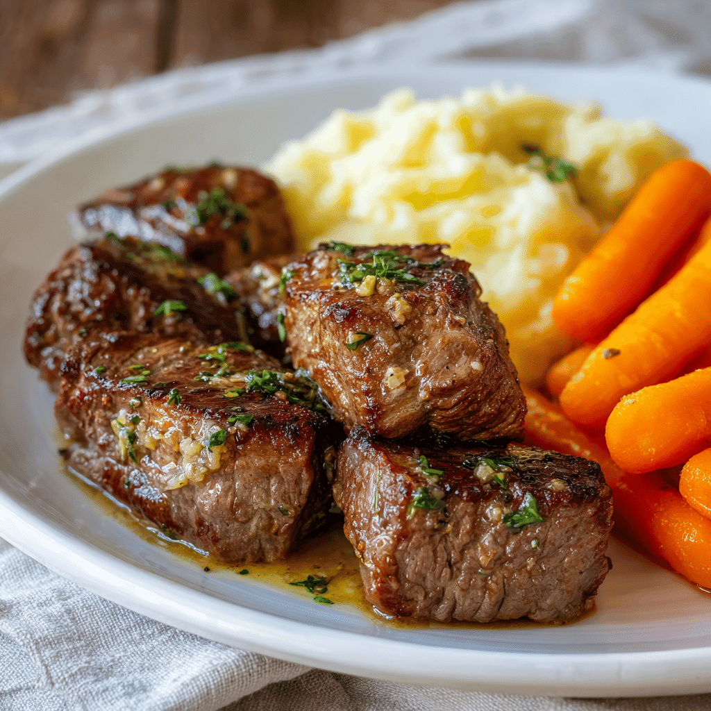 Air Fry Garlic Butter Steak Bites: Your New Favorite Weeknight Meal 2 Tender, juicy air fryer garlic butter steak bites glistening with melted butter and herbs, served on a white ceramic plate with creamy mashed potatoes and bright orange sliced carrots