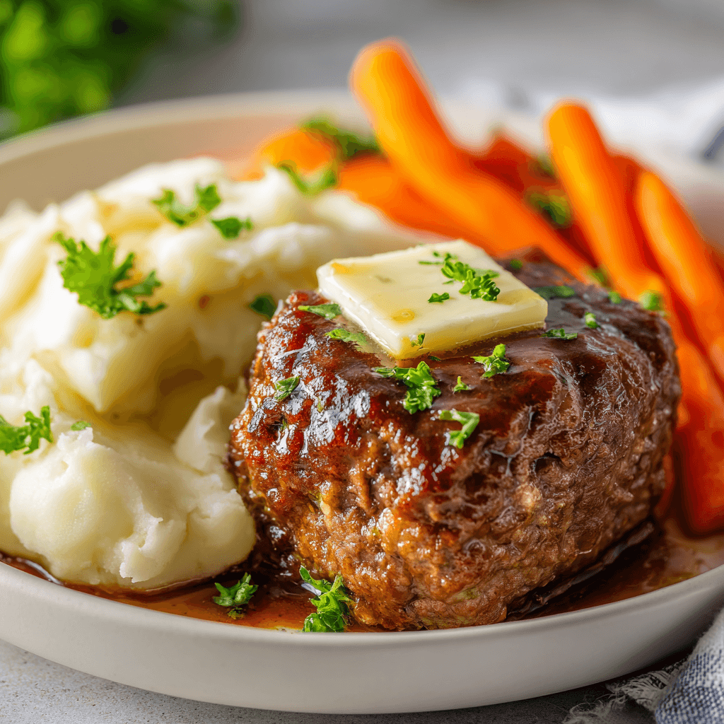 juicy air fryer loaded mini meatloaf served on a white plate with creamy mashed potatoes topped with melting butter and a side of bright orange steamed carrots