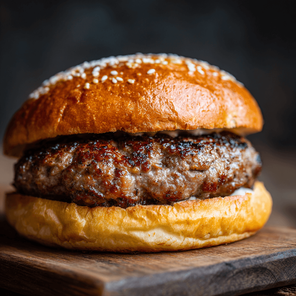 Close-up of air fryer hamburger patty showing juicy texture and golden toasted bun.