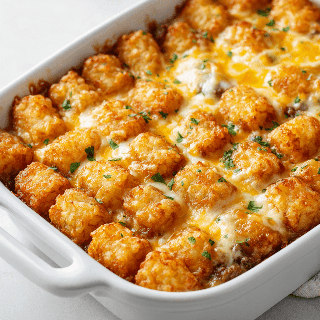 The Ultimate Tater Tot Casserole Recipe (Classic, Cheesy & Easy!) 1 Traditional tater tot casserole with golden tots and creamy filling in a white dish