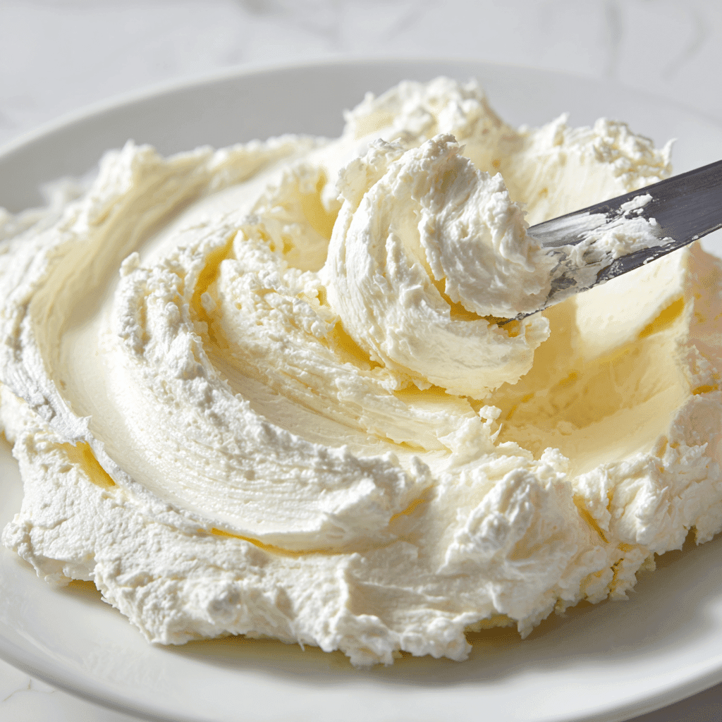 Whipped homemade Boursin Cheese texture shown up close