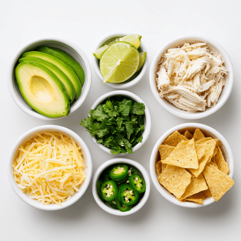 Assorted toppings for White Chili Chicken Crockpot arranged on a white background