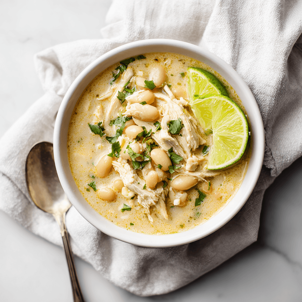 Warm bowl of White Chili Chicken Crockpot served for cozy comfort