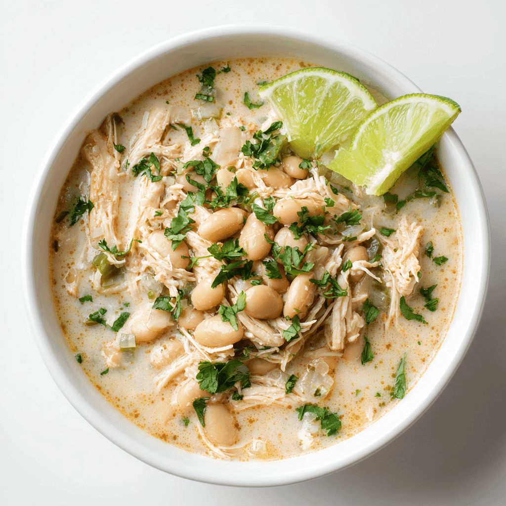 A bowl of creamy White Chili Chicken Crockpot with toppings