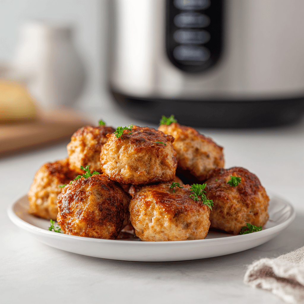 Golden air fryer turkey meatballs with crispy texture and juicy centers