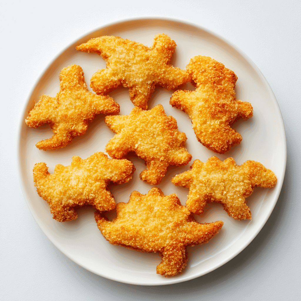 Dino Nuggets Air Fryer – Crispy & Easy Snack in 8 Minutes 1 lden dino nuggets on a white plate, hot and crispy from the air fryer