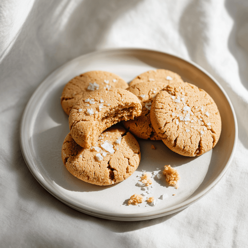 Soft keto peanut butter cookies on a white plate, one broken to show chewy center