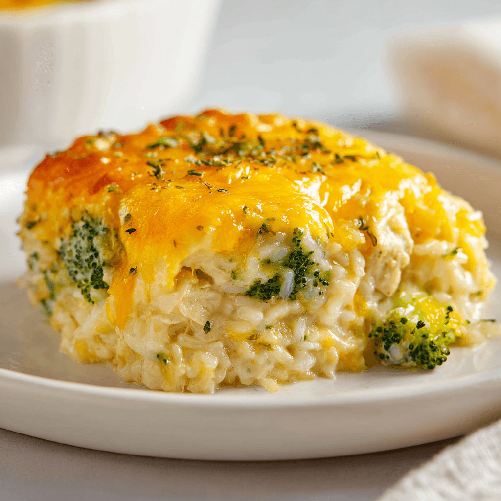 Close-up of chicken broccoli rice casserole with golden cheese, creamy rice, and broccoli