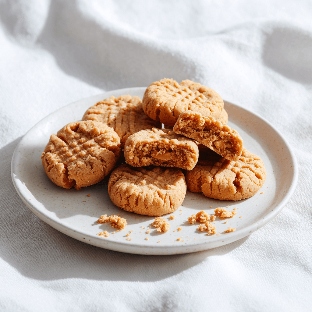 Soft peanut butter cookies without eggs on a white plate, one broken to show chewy center