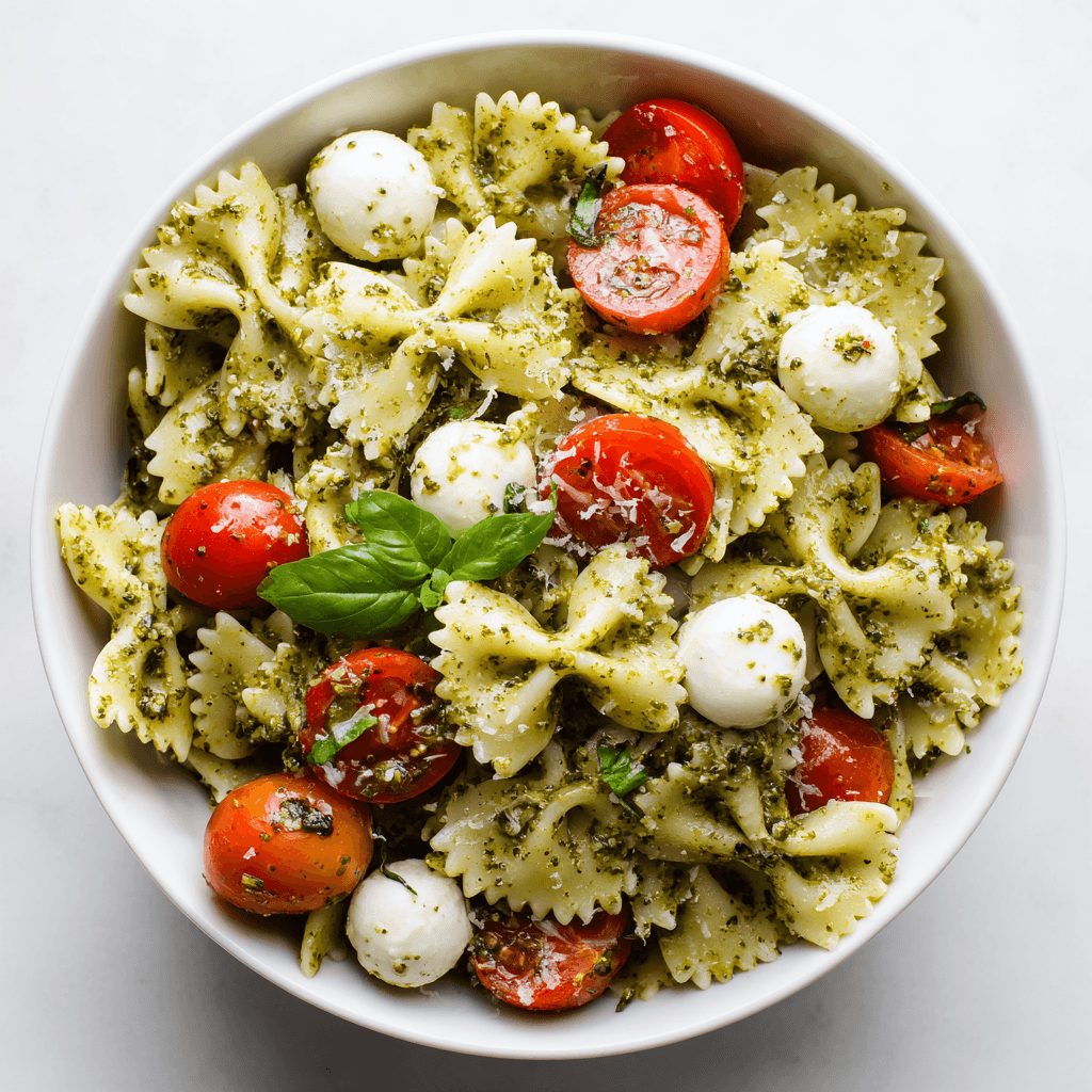 Fresh pesto pasta salad with bowtie pasta, tomatoes, and mozzarella