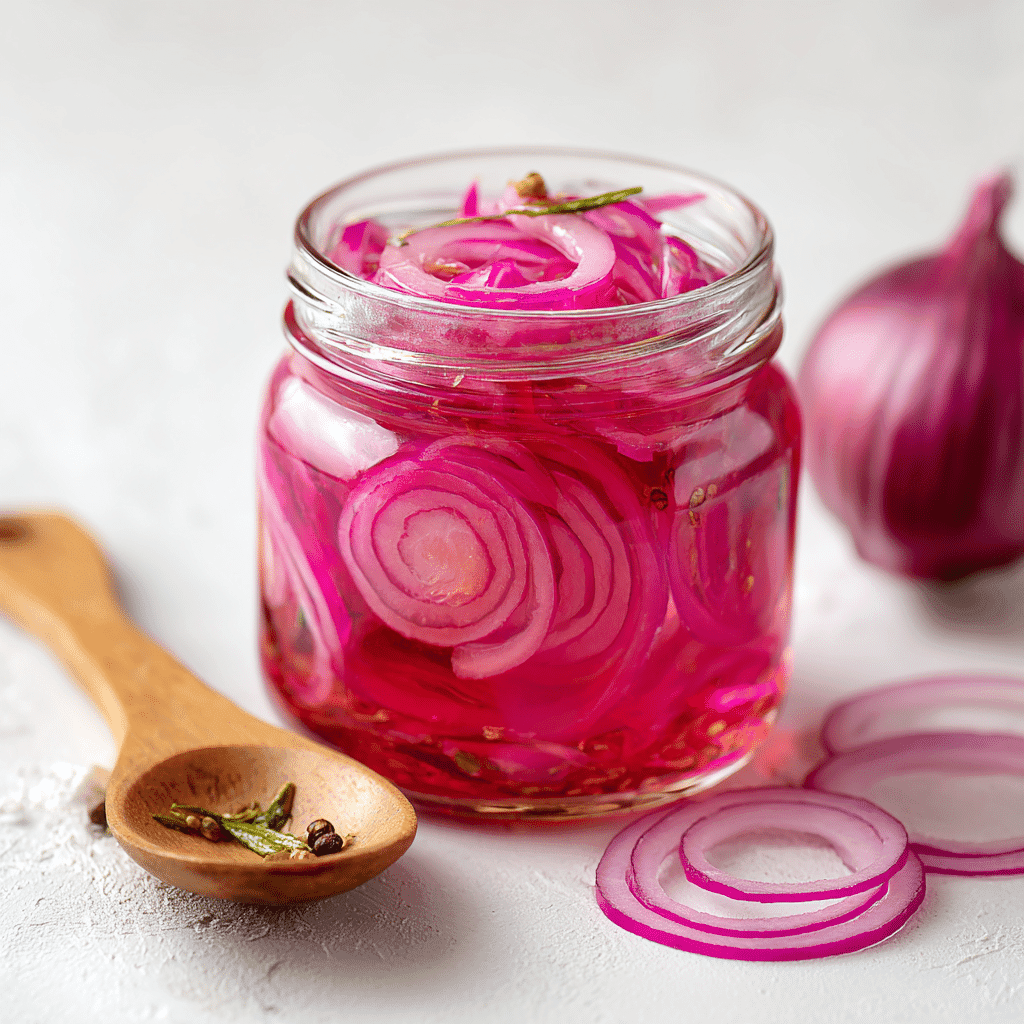 Bright pink pickled red onions in a clear jar with fresh onion slices beside it