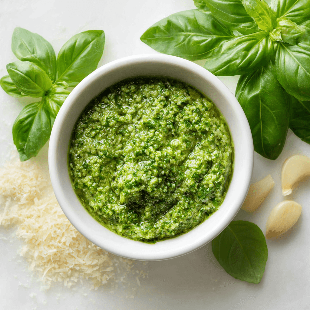 Nut-free pesto in a white bowl with basil and garlic, no pine nuts