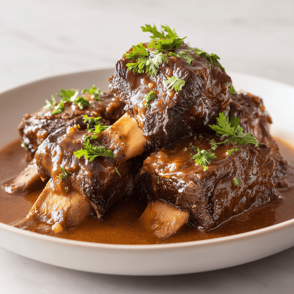 Tender slow cooker beef short ribs in brown gravy on white plate