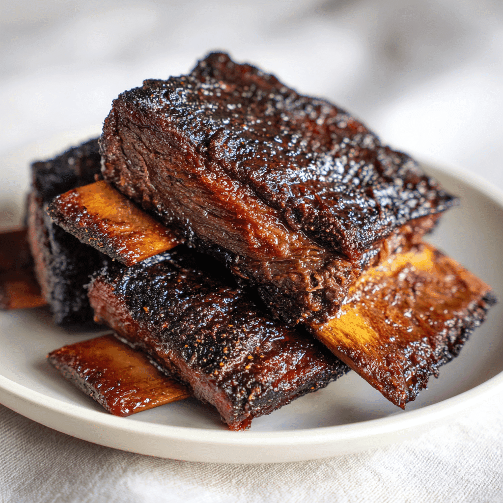 Smoked Short Ribs: Tender, Juicy, and Packed with Texas BBQ Flavor 1 Smoked short ribs with juicy BBQ bark on white plate