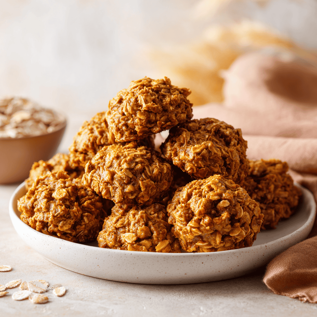 Beautifully arranged no bake pumpkin cookies on a plate showing clear texture and ingredients.