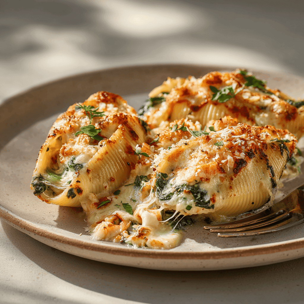close-up showing creamy cheese sauce, spinach, and seafood texture inside a stuffed pasta shell.