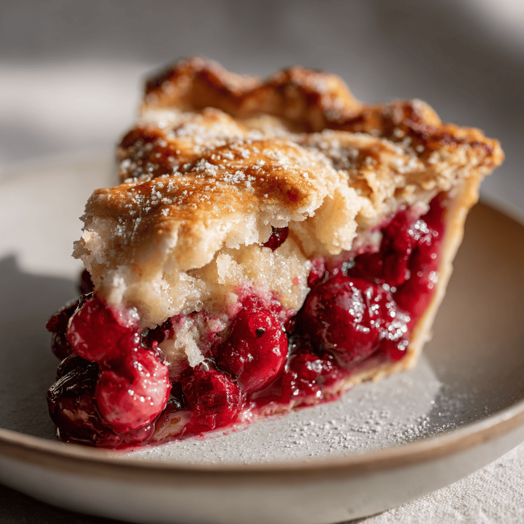 Easy Nantucket Cranberry Pie Recipe (Pie or Cake, It's Delicious!) 1 Slice of Nantucket cranberry pie served on a plate showing flaky crust and cranberry filling.