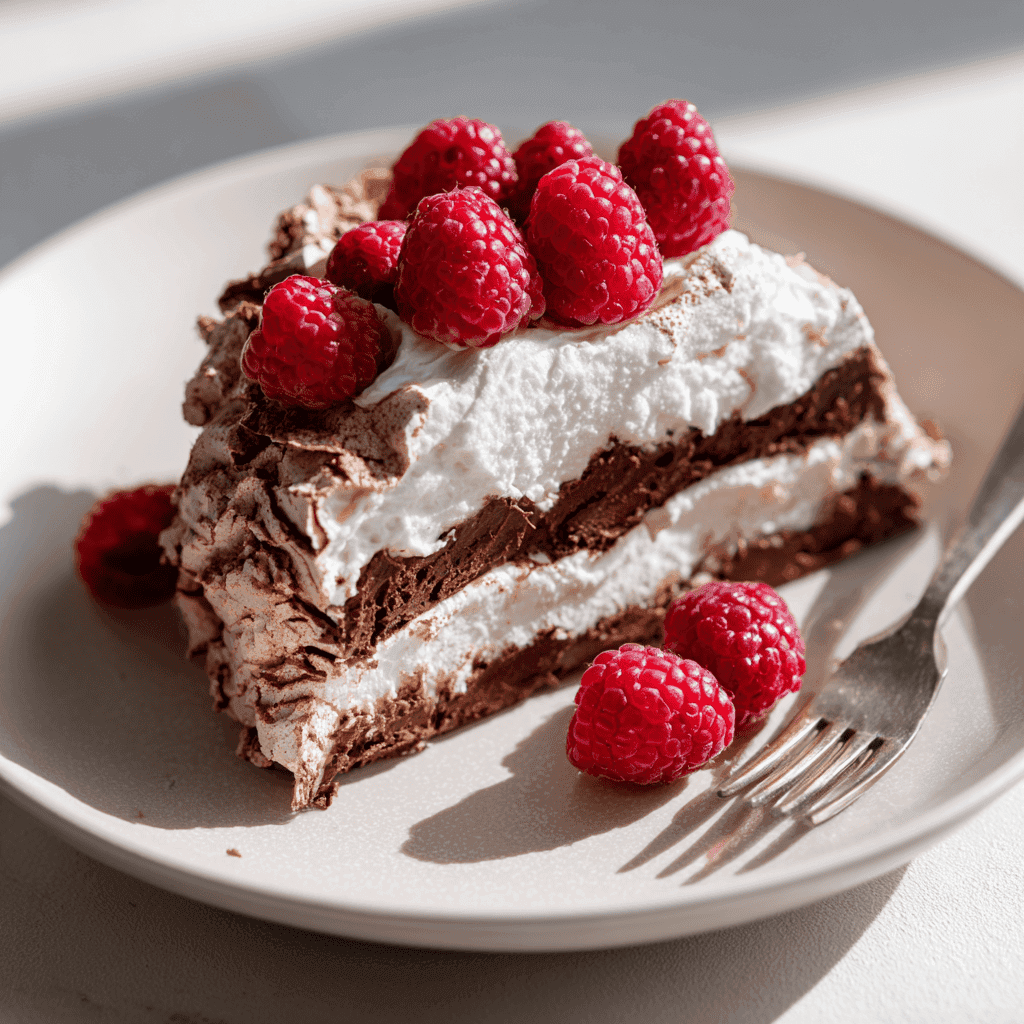 Slice of chocolate pavlova topped with whipped cream and raspberries on a plate.