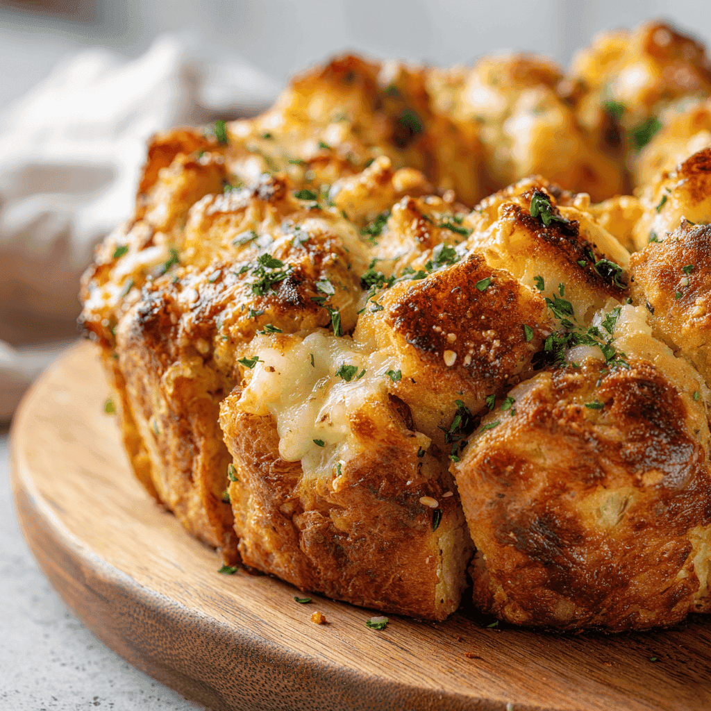 close-up of chicken Alfredo monkey bread showing glossy crust and creamy filling.