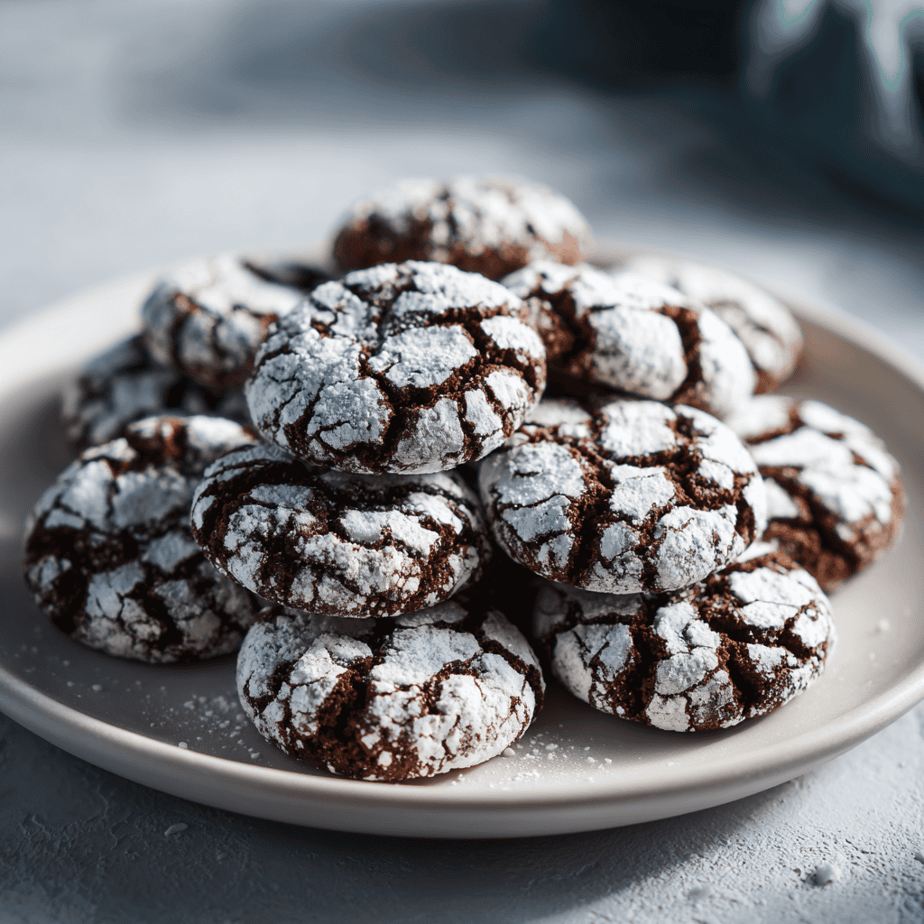 Chocolate peppermint crinkle cookies arranged neatly on a plate showing powdered sugar and crinkled tops.