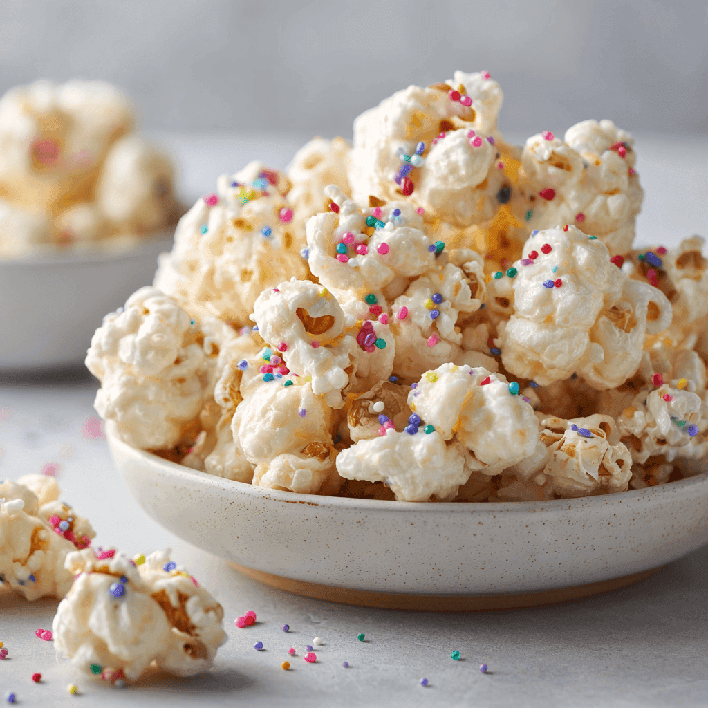 close-up of almond bark puffcorn crack showing creamy coating and sprinkles.