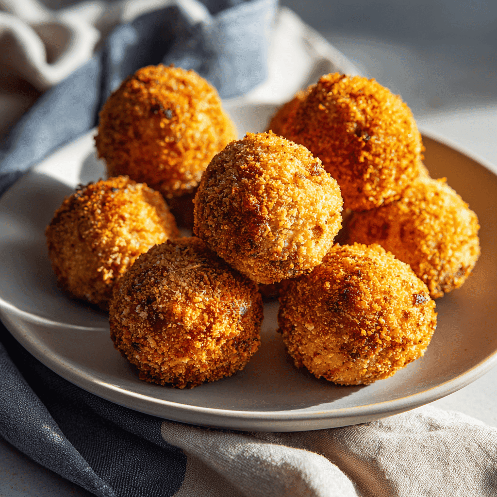 Crispy Reuben balls arranged neatly on a plate showing golden breadcrumb coating.