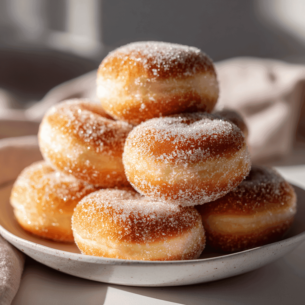 Sugar-coated bomboloni with cream filling displayed neatly on a plate.