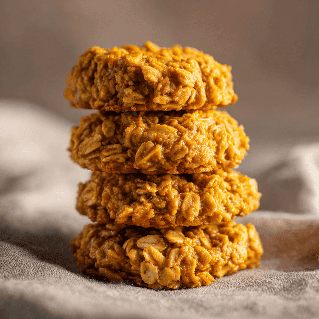 Close-up stack of no bake pumpkin cookies with rich oat texture and warm fall tones.