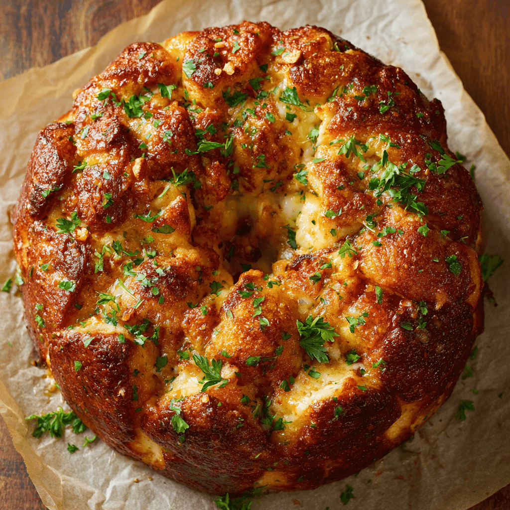 Overhead view of golden chicken Alfredo monkey bread with a glossy crust and herb garnish.