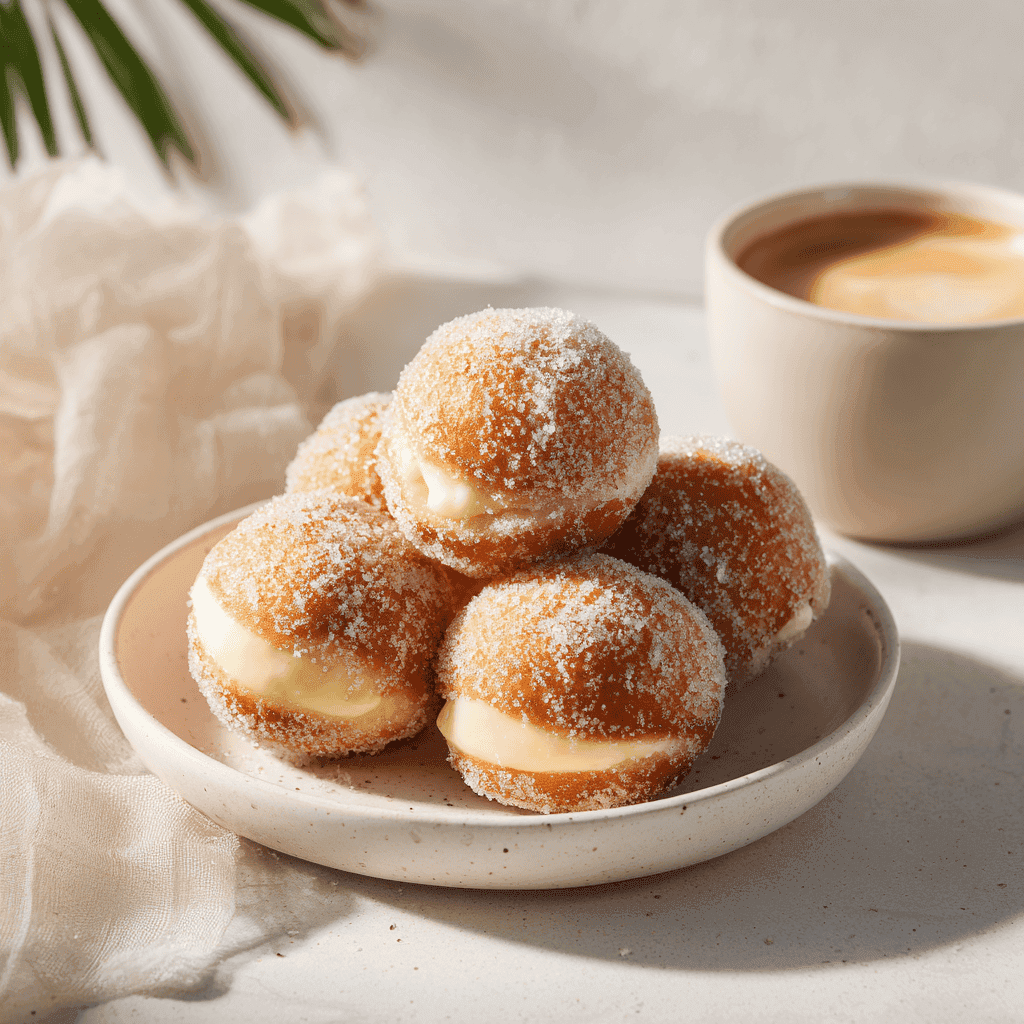 Bomboloni Italian cream-filled donuts on a white plate with bright clean lighting.