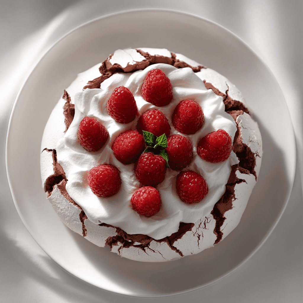 Chocolate pavlova served on a white plate with whipped cream and raspberries in bright clean lighting.