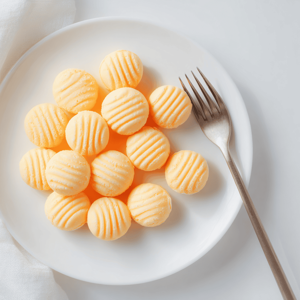 Orange cream cheese mints on a white plate with bright clean lighting and minimal styling.