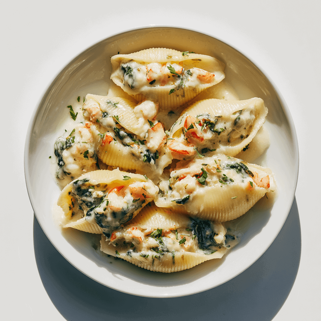Creamy seafood stuffed pasta shells served on a white plate with bright natural lighting.