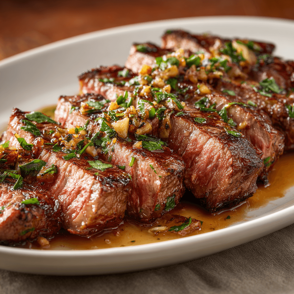 Close-up of sliced medium-rare sirloin steak topped with herbs and garlic on a serving platter.